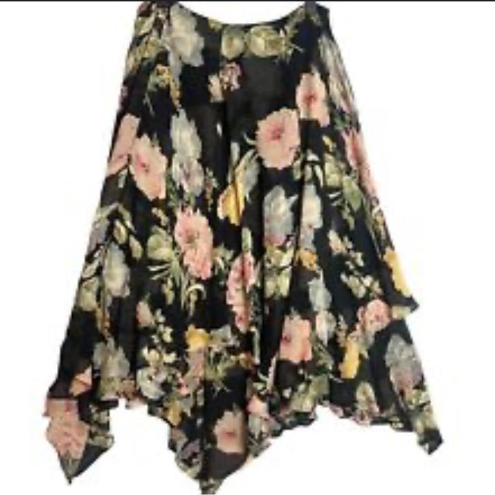 Lauren Ralph Lauren Skirt SZ 8 100% Silk Brown Floral Asymmetrical Flowy 90s Y2K